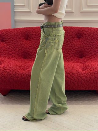 BLUMARINE - Wide Leg Jeans with Butterfly Embroidery