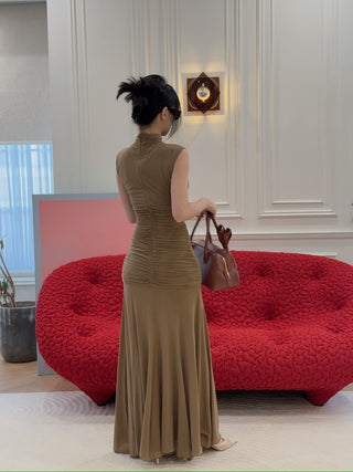 MAGDA BUTRYM - High-neck cupro midi dress in beige