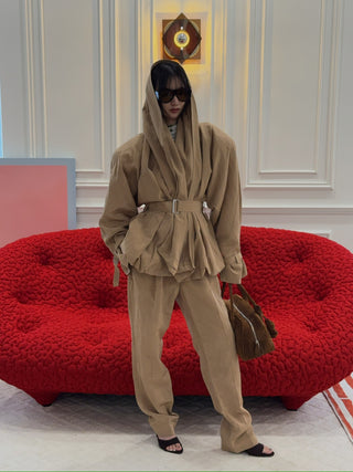 MAGDA BUTRYM - Draped Collar Viscose And Linen Jacket in Beige