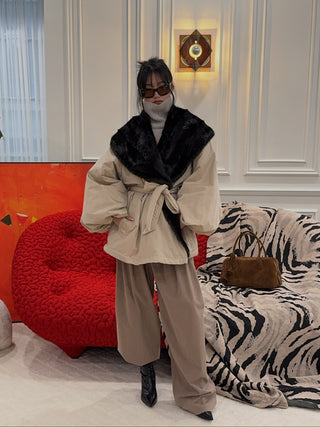 MAGDA BUTRYM - Belted Faux Fur Collar Jacket in Beige