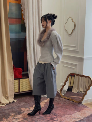 BLUMARINE - Wool Jumper With Fur-Trimmed Neckline in Ice Grey