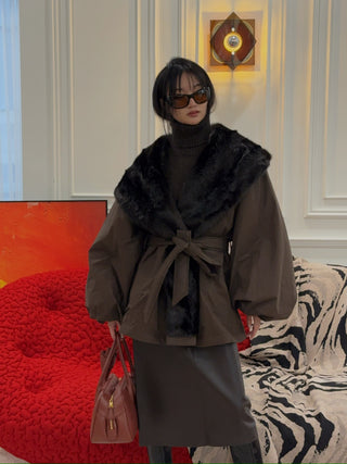 MAGDA BUTRYM - Belted Faux Fur Collar Jacket in Brown
