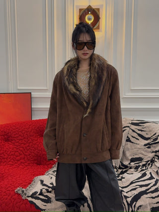 MM6 Maison Margiela - Faux Fur-Collar Suede Bomber Jacket in Brown