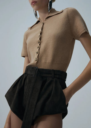 MAGDA BUTRY - Flared suede shorts in brown