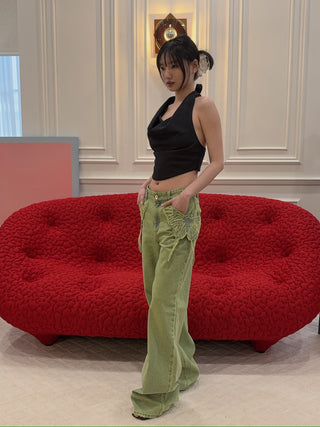 BLUMARINE - Wide Leg Jeans with Butterfly Embroidery