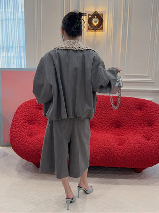 THE MANNEI - Crochet Collar Bomber Jacket in Grey