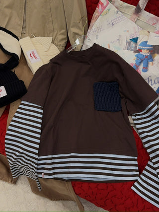 LOVERBOY - LONG SLEEVE 2-IN-1 TEE WITH KNIT PATCH in BROWN STRIPE