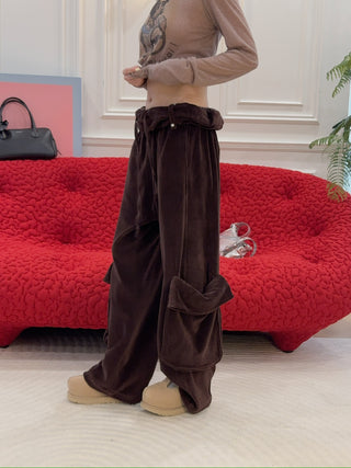 OPEN YY - ROLLED WAIST VELOUR CARGO PANTS / BROWN