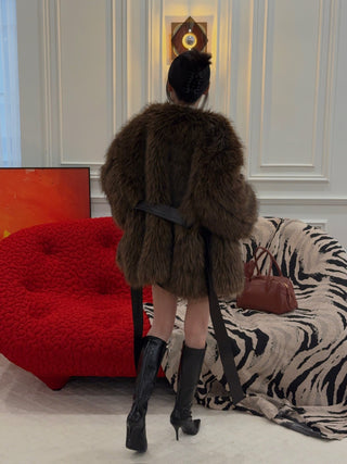 MAGDA BUTRYM - Belted Faux Fur Jacket in Brown