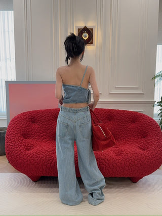 MAGDA BUTRYM - One-shoulder draped denim top in sky blue