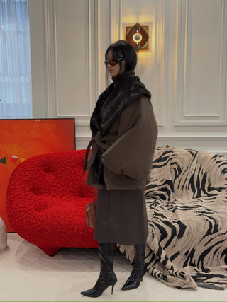 MAGDA BUTRYM - Belted Faux Fur Collar Jacket in Brown