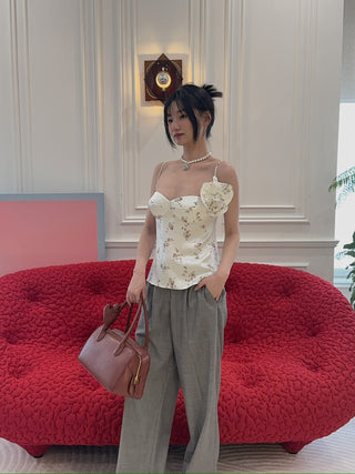 MAGDA BUTRYM - Flower appliqué silk tank in cream print