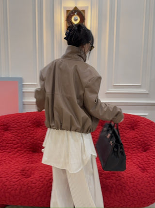 THE MANNEI - Leather Bomber Jacket in Brown