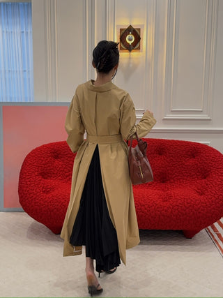 A.W.A.K.E MODE Trench Coat in Khaki Pleated Back Insert Asymmetric