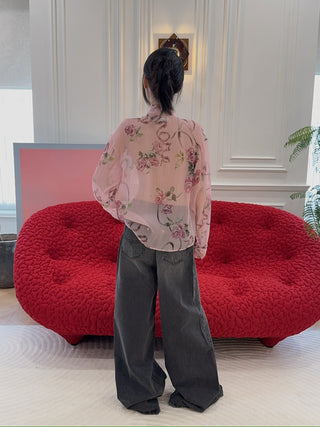 BLUMARINE - Rose Print Silk Creponne Blouse
