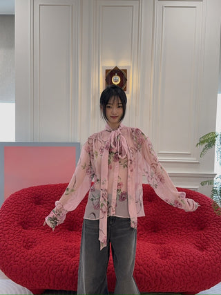 BLUMARINE - Rose Print Silk Creponne Blouse