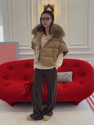 YVES SALOMON - Flannel Cape With Detachable Fox Fur Collar in Camel