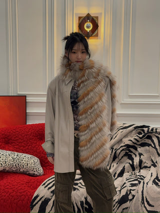 YVES SALOMON - Striped Fox Fur Scarf in Reddish Beige