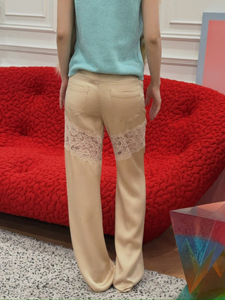 BLUMARINE SATIN PANTS WITH DENIM AND LACE INSERTS