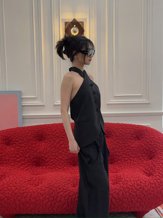 AARON ESH Neck Wrap Waistcoat in Black Halter Sleeveless Corseted