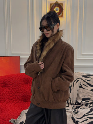 MM6 Maison Margiela - Faux Fur-Collar Suede Bomber Jacket in Brown