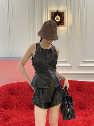 MAGDA BUTRYM -  Round neck leather waistcoat in black vintage