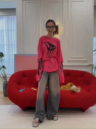 LESUGIATELIER Butterfly Graphic Layered sleeve T-Shirt