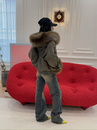 BLUMARINE - CANVAS BOMBER JACKET WITH FAUX FUR