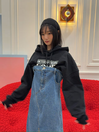 YOUSER - INTERNATIONAL GOSSIP HOODIE DENIM DRESS / BLACK