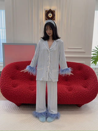 SLEEPER - PARTY PAJAMA SET WITH FEATHERS / BLUE