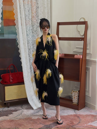 16ARLINGTON Vide Feather Midi Dress in Black