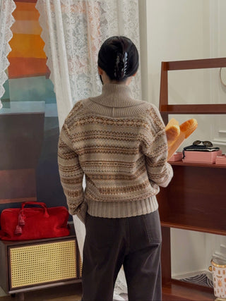 MAGDA BUTRYM - Double-Breasted Patterned Knit Cardigan With Shawl Collar in Camel