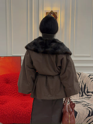 MAGDA BUTRYM - Belted Faux Fur Collar Jacket in Brown