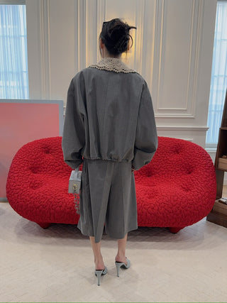 THE MANNEI - Crochet Collar Bomber Jacket in Grey