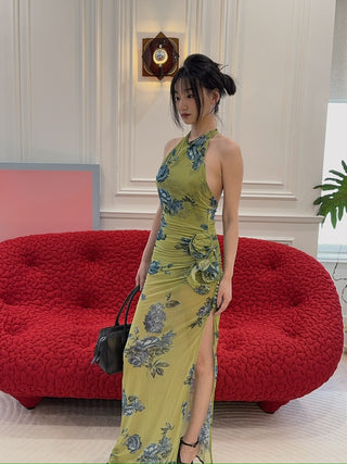 MAGDA BUTRYM - High-neck floral applique midi dress in green print