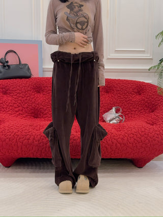 OPEN YY - ROLLED WAIST VELOUR CARGO PANTS / BROWN