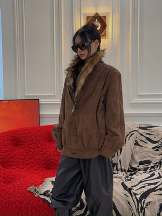 MM6 Maison Margiela - Faux Fur-Collar Suede Bomber Jacket in Brown