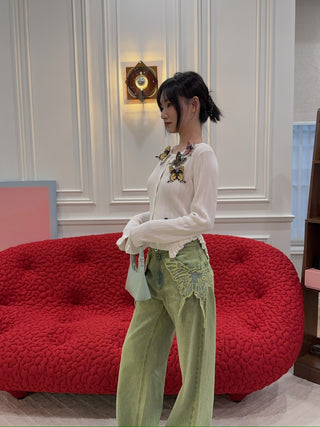 BLUMARINE - Wide Leg Jeans with Butterfly Embroidery