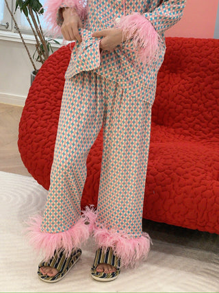 SLEEPER - PARTY PAJAMA SET WITH DOUBLE FEATHERS IN PINK VICHY / PINK & BLUE