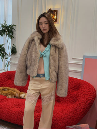 BLUMARINE SATIN PANTS WITH DENIM AND LACE INSERTS