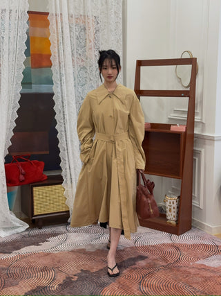 A.W.A.K.E MODE Trench Coat in Khaki Pleated Back Insert Asymmetric