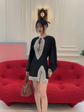ROWEN ROSE - RAGLAN LONG SLEEVES DRESS IN GEORGETTE AND LACE