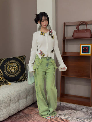 BLUMARINE - Wide Leg Jeans with Butterfly Embroidery