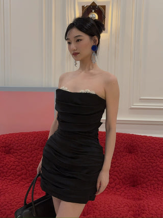 MAGDA BUTRYM - Strapless ruched silk mini dress in black