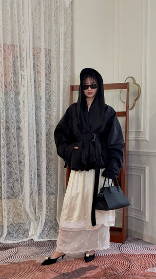 MAGDA BUTRYM - Draped Collar Cotton and Silk Jacket in Black