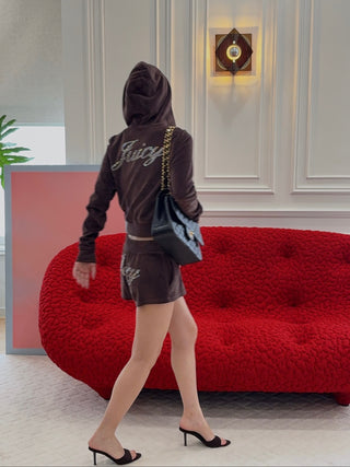 SPORTY & RICH X JUICY COUTURE - Juicy Script Velour Zip Hoodie in Chocolate
