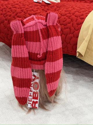LOVERBOY - CHUNKY RABBIT BEANIE in RED PINK STRIPE