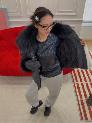 YVES SALOMON - DOWN JACKET MADE WITH LORO PIANA FLANNEL/FOX / GRIS ANTHRACITE