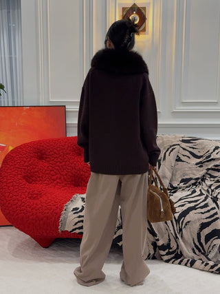 YVES SALOMON - Merino Knit and Fox Fur Jacket in Brown