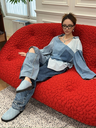 A.W.A.K.E. OFF SHOULDER UPCYCLED DENIM TOP